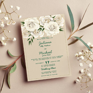 Ivory white gold glitter roses floral Wedding Invitation