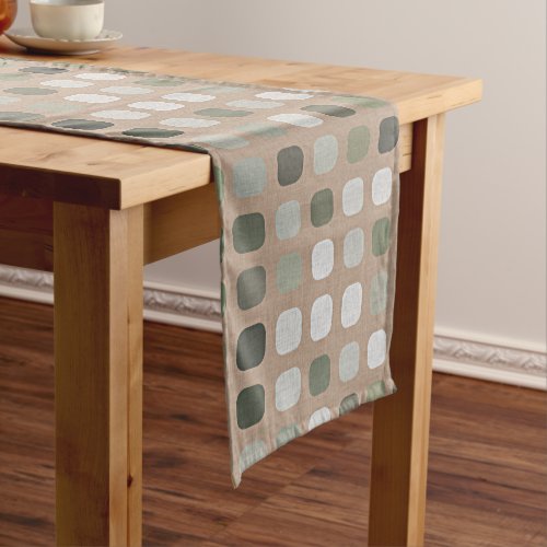 Ivory White Gray Olive Green Round Squares Pattern Medium Table Runner