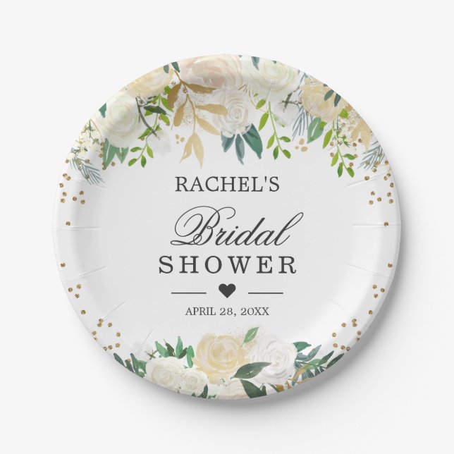 Ivory White Green Floral Bridal Shower Paper Plates (Front)