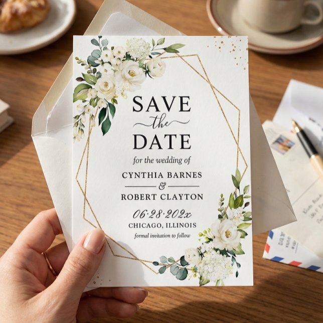 Ivory White Green Floral Modern Gold Geometric Save The Date (Creator Uploaded)