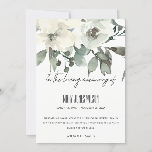 IVORY WHITE GREEN GREY FLORAL SYMPATHY MEMORIAL THANK YOU CARD