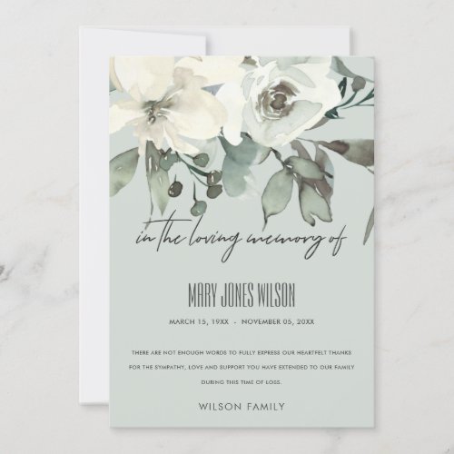 IVORY WHITE GREEN GREY FLORAL SYMPATHY MEMORIAL THANK YOU CARD