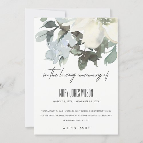 IVORY WHITE GREEN GREY FLORAL SYMPATHY MEMORIAL THANK YOU CARD