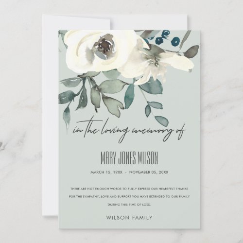 IVORY WHITE GREEN ROSE FLORAL SYMPATHY MEMORIAL THANK YOU CARD