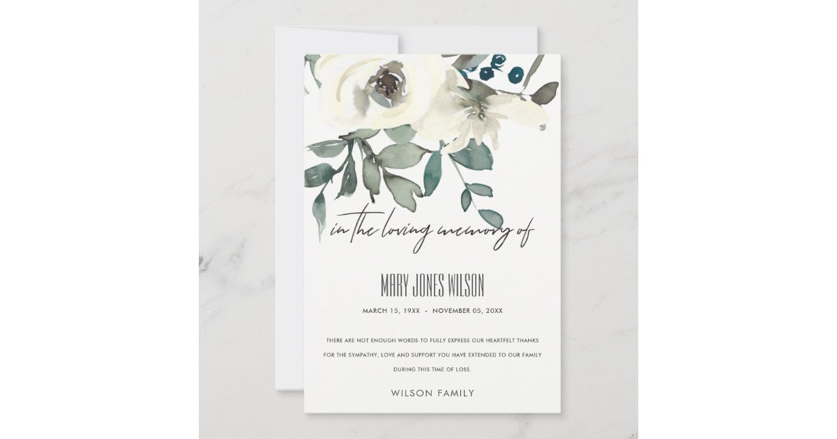 IVORY WHITE GREEN ROSE FLORAL SYMPATHY MEMORIAL THANK YOU CARD | Zazzle