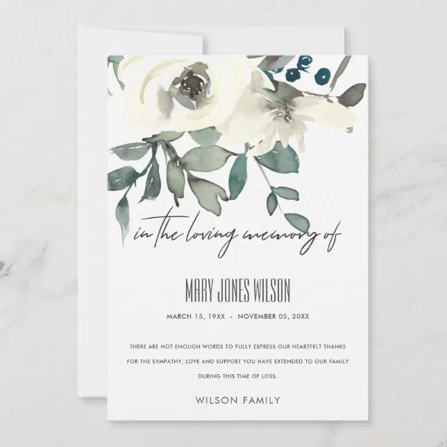 IVORY WHITE GREEN ROSE FLORAL SYMPATHY MEMORIAL THANK YOU CARD | Zazzle
