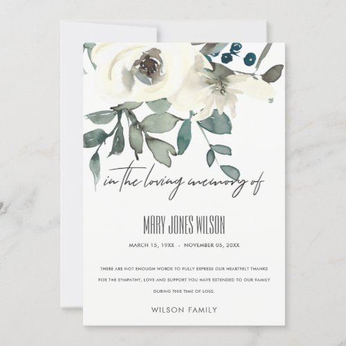 IVORY WHITE GREEN ROSE FLORAL SYMPATHY MEMORIAL THANK YOU CARD