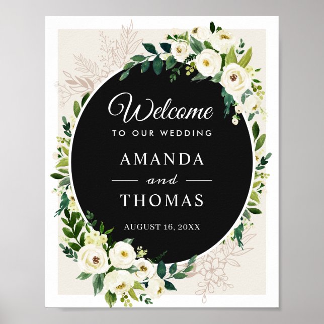 Ivory White Greenery Flowers Wedding Welcome Sign (Front)