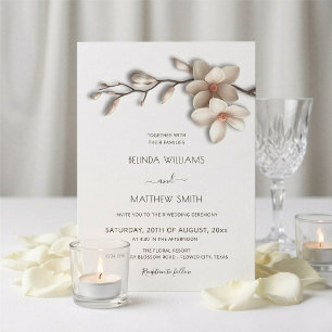 Ivory White Magnolia Textural Flower Wedding Invitation