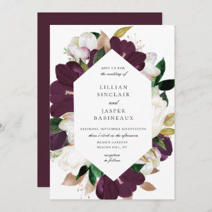Ivory White Plum Purple Floral Frame Wedding Invitation