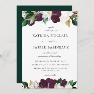 Ivory white Plum Purple Floral Wedding Invitation