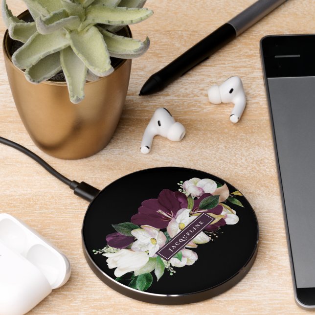 Ivory White Plum Purple Floral Wireless Charger (Desk 2)