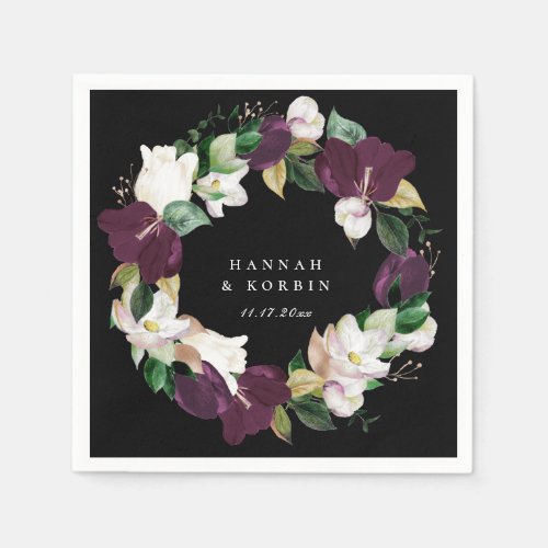 Ivory White Plum Purple Floral Wreath Black Napkins