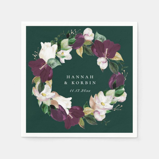 Ivory White Plum Purple Floral Wreath Emerald Napkins (Front)