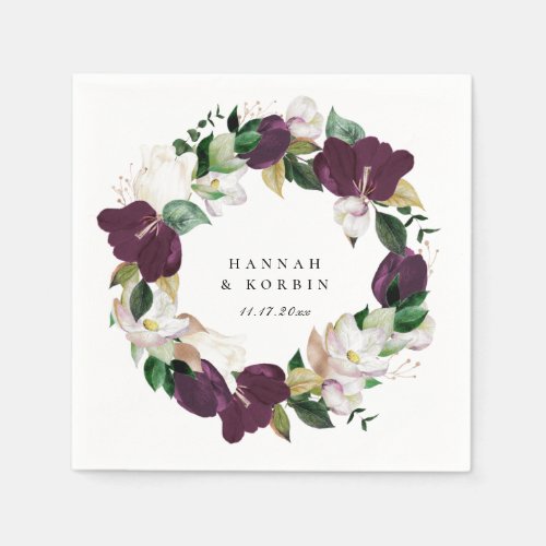 Ivory White Plum Purple Floral Wreath Napkins