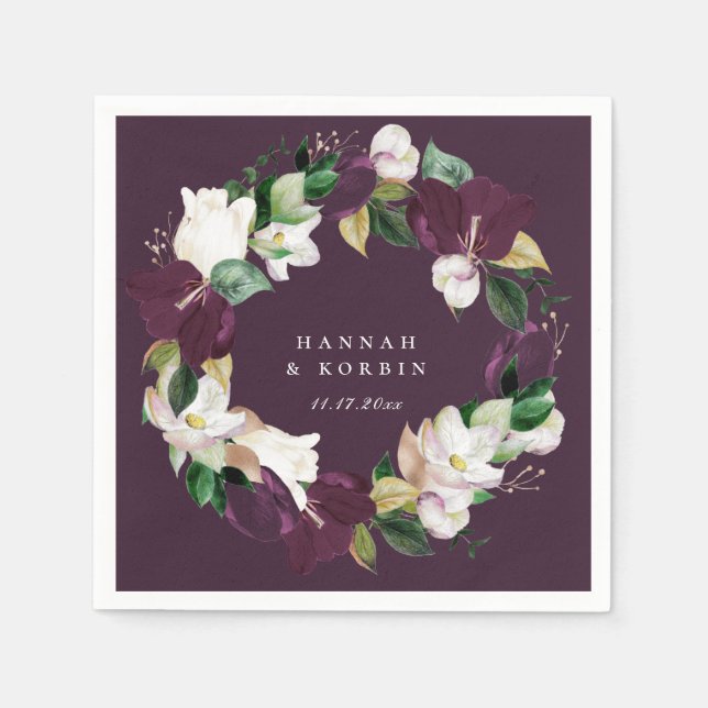 Ivory White Plum Purple Floral Wreath Plum Napkins (Front)