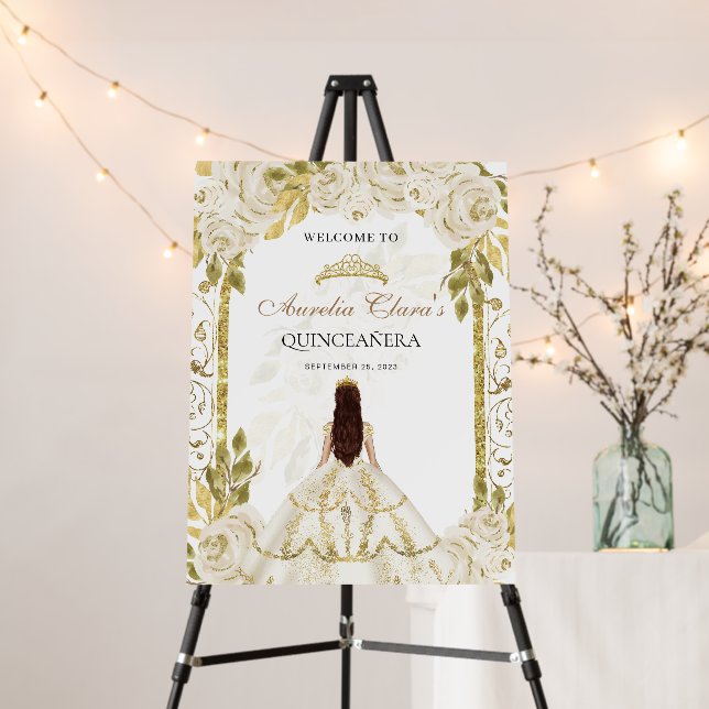 Ivory White Princess Floral Quinceanera Birthday Foam Board (In Situ (Stand))
