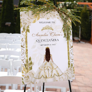 Ivory White Princess Floral Quinceanera Birthday Poster