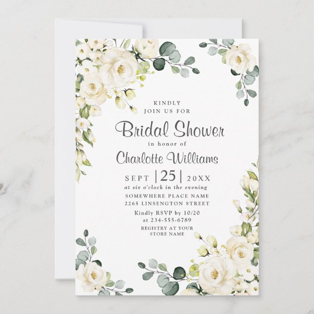 Ivory White Rose Eucalyptus Greenery Bridal Shower Invitation (Front)
