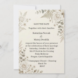 Ivory White Rose Fern Save the Date Invitation