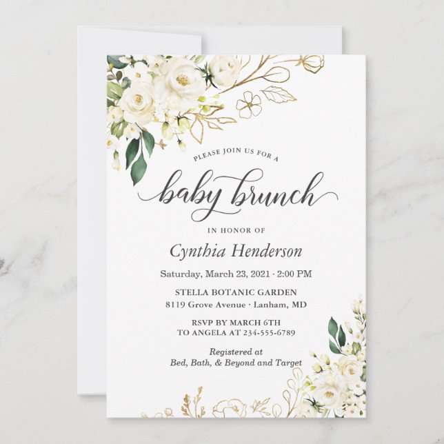 Ivory White Rose Floral Baby Shower Brunch Invitation (Front)