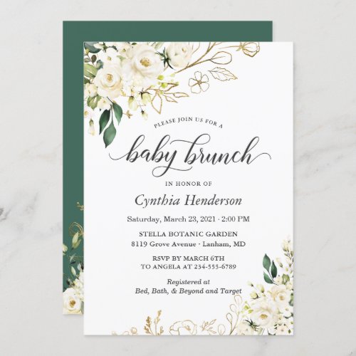 Ivory White Rose Floral Baby Shower Brunch Invitation - Greenery White Rose Floral Faux Gold Foil Leaves Baby Shower Brunch Invitation. 
(1) For further customization, please click the "customize further" link and use our design tool to modify this template. 
(2) If you prefer Thicker papers / Matte Finish, you may consider to choose the Matte Paper Type. 
(3) If you need help or matching items, please contact me.