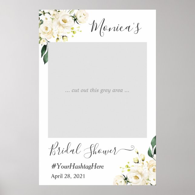 Ivory White Rose Floral Bridal Shower Photo Booth Poster (Front)