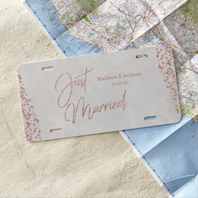 Ivory White & Rose Gold Glam Wedding Just Married License Plate (In Situ)