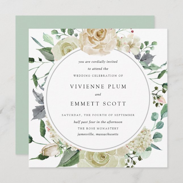 Ivory White Rose Hydrangea Floral Wedding Invitation (Front/Back)