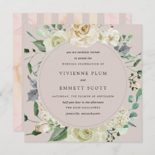 Ivory White Rose Hydrangea Floral Wedding Invitation