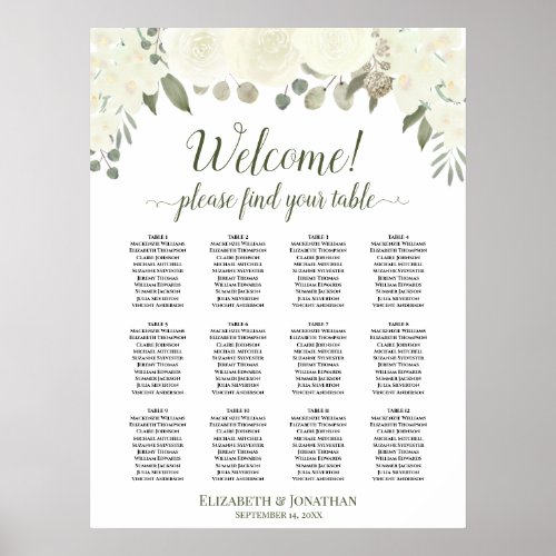 Ivory White Roses 12 Table Wedding Seating Chart
