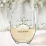 Ivory White Roses Bridesmaid Maid of Honor Gift Stemless Wine Glass<br><div class="desc">This set is the perfect choice for thanking the bridesmaids and maid of honor at your wedding. The beautiful boho chic design features a bouquet of hand painted watercolor roses and blossoms, eucalyptus sprigs, and garden greenery in shades of ivory, white, and cream. Her name & title appears in elegant...</div>