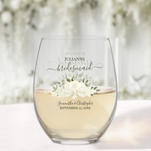 Ivory White Roses Bridesmaid Maid of Honor Gift Stemless Wine Glass