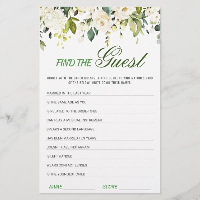 Ivory White Roses Floral Bridal Shower Game (Front)