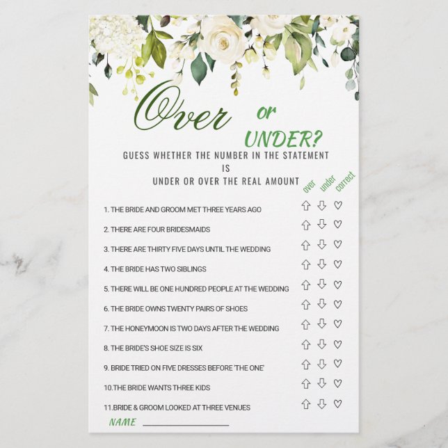 Ivory White Roses Floral Bridal Shower Game (Front)