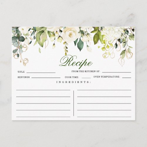 Ivory White Roses Floral Bridal Shower Recipe Card