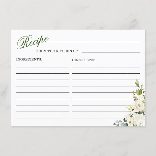 Ivory White Roses Floral Bridal Shower Recipe Card
