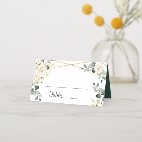 Ivory White Roses Floral Greenery Wedding Table Place Card