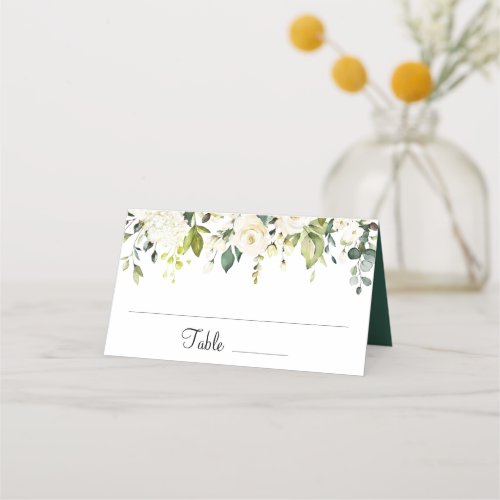 Ivory White Roses Floral Greenery Wedding Table Place Card
