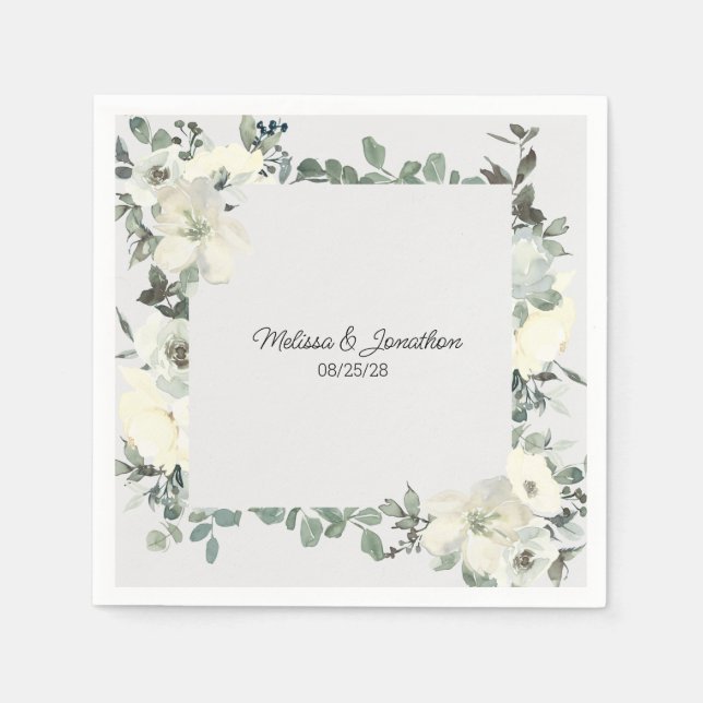 Ivory White Roses Floral Romantic Wedding Napkins (Front)