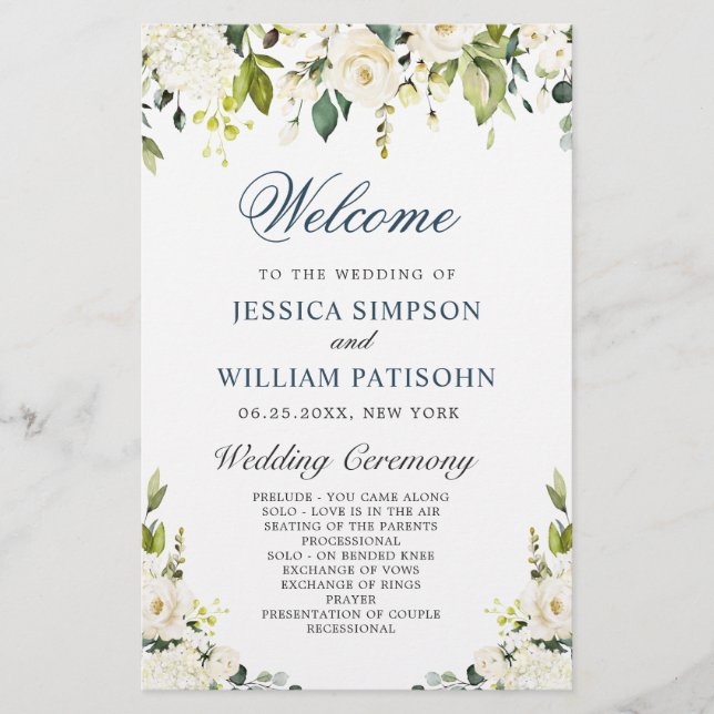 Ivory White Roses Floral Wedding Ceremony Program (Front)
