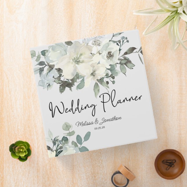 Ivory White Roses Floral Wedding Planner 3 Ring Binder (In Situ)
