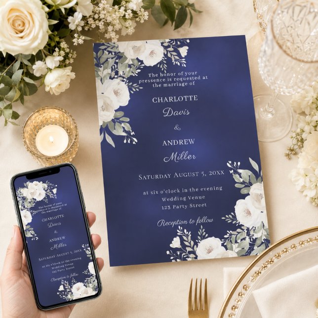 Ivory white roses florals blue wedding invitation (Creator Uploaded)