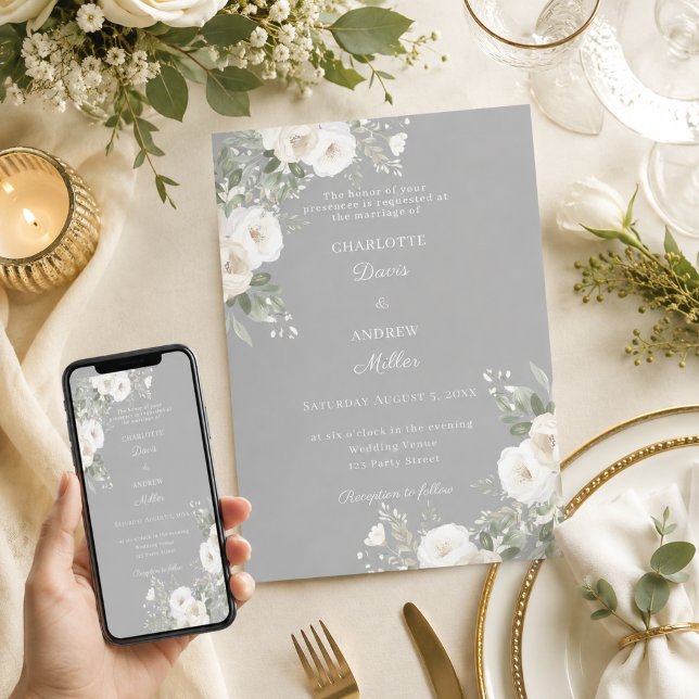 Ivory white roses gray wedding invitation (Creator Uploaded)