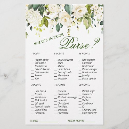 Ivory White Roses Greenery Bridal Shower Game