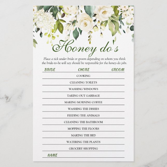 Ivory White Roses Greenery Bridal Shower Game (Front)