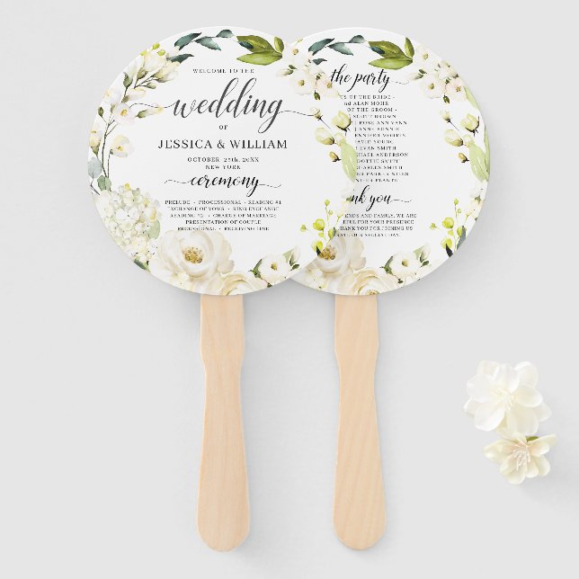 Ivory White Roses Greenery Floral Wedding Program Hand Fan (Front and Back)