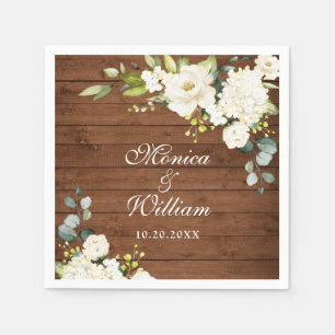 Ivory White Roses Greenery Rustic Wood Wedding Napkins