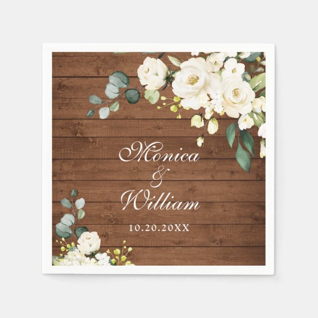 Ivory White Roses Greenery Rustic Wood Wedding Napkins (Front)
