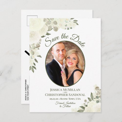 Ivory White Roses Oval Photo Wedding Save the Date Announcement Postcard